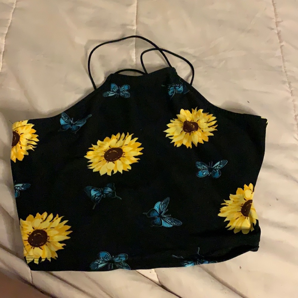 soft crop top with sun flowers and butterflies